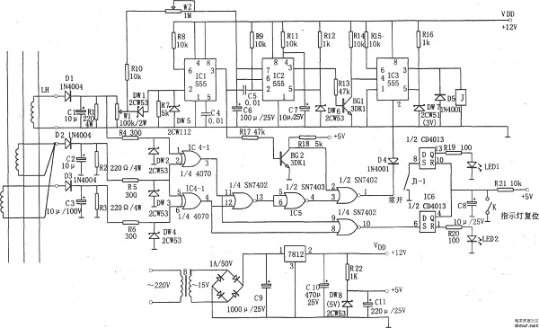 555構成的電器設備過載和斷相保護裝置_電路圖